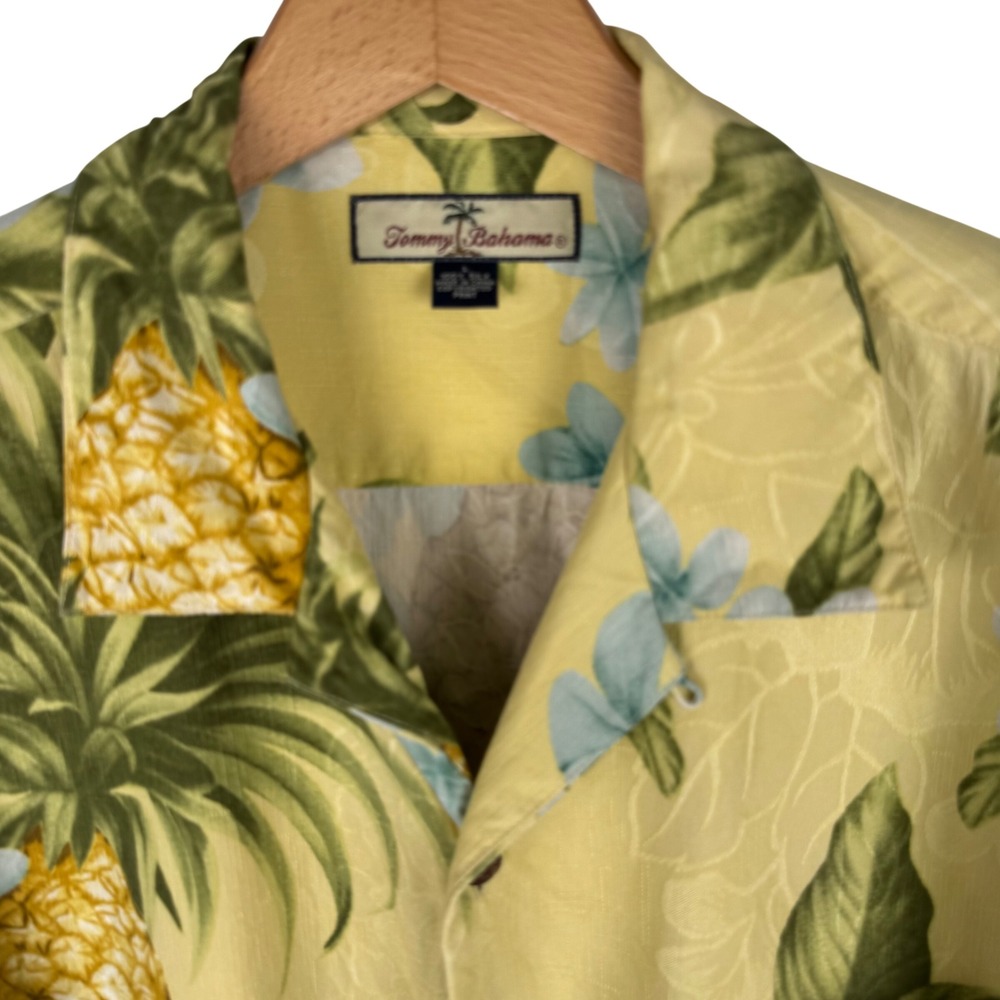 Tommy Bahama Silk Pineapple Floral Tropical Camp Shirt Mens Large Yellow Print